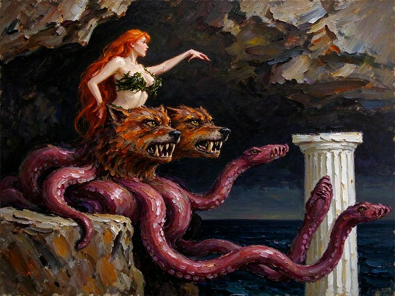 Red-haired mythological Scylla stands atop a wolf-headed tentacle sea monster on a coastal cave l...