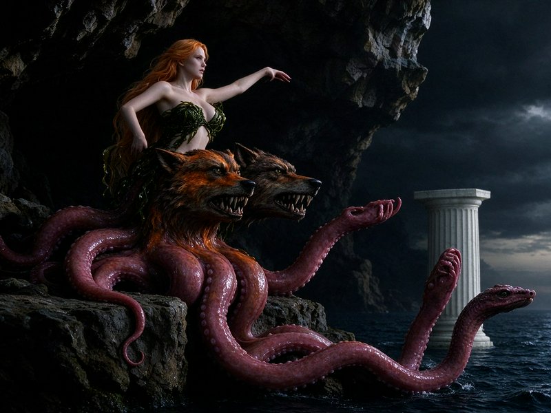 Red haired sea witch sits atop a snarling wolf-headed tentacled sea monster in a rocky coastal cave.