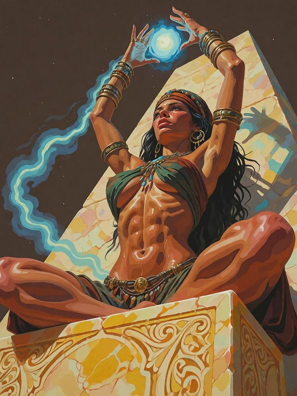 Muscular ancient sorceress conjures glowing blue magic while seated atop a carved stone pyramid p...