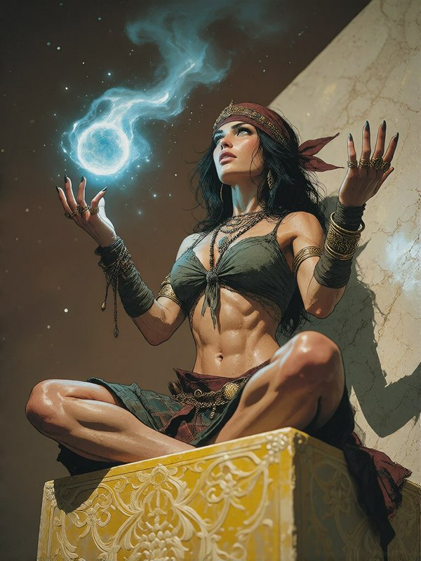 Powerful female sorceress conjures a glowing blue magic orb while seated cross-legged on an ornat...