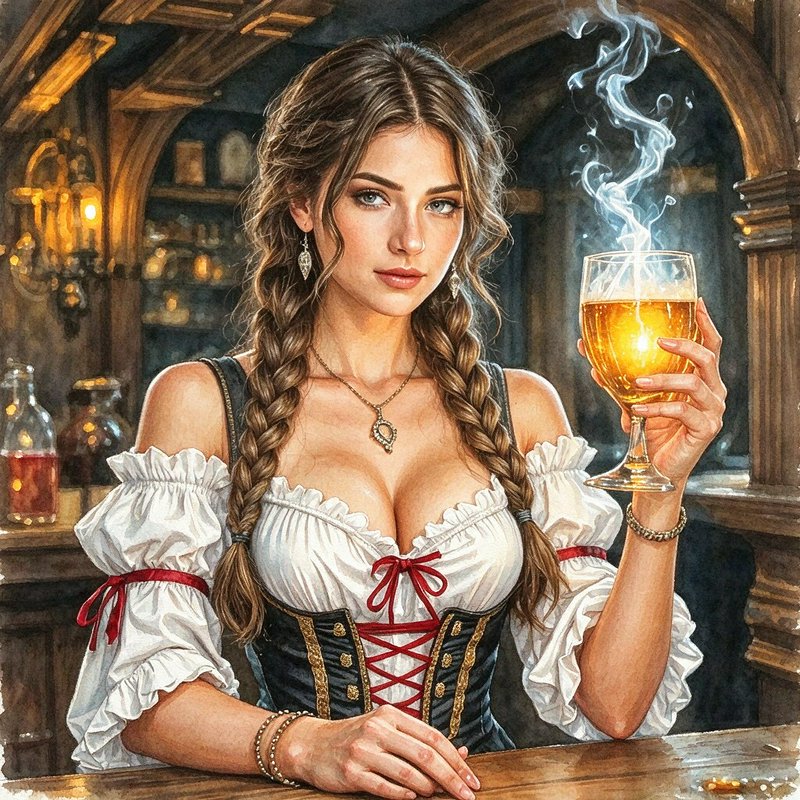 Medieval tavern barmaid with braided hair holds a steaming glowing ale glass across a wooden bar