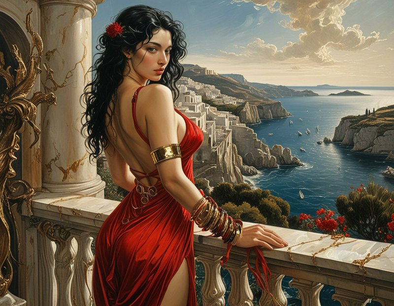Dark haired woman in a red gown stands on a marble balcony overlooking a Mediterranean coastal se...