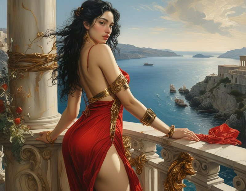 Mythic ancient Greek woman in red and gold gown looks back from a marble balcony overlooking a tu...