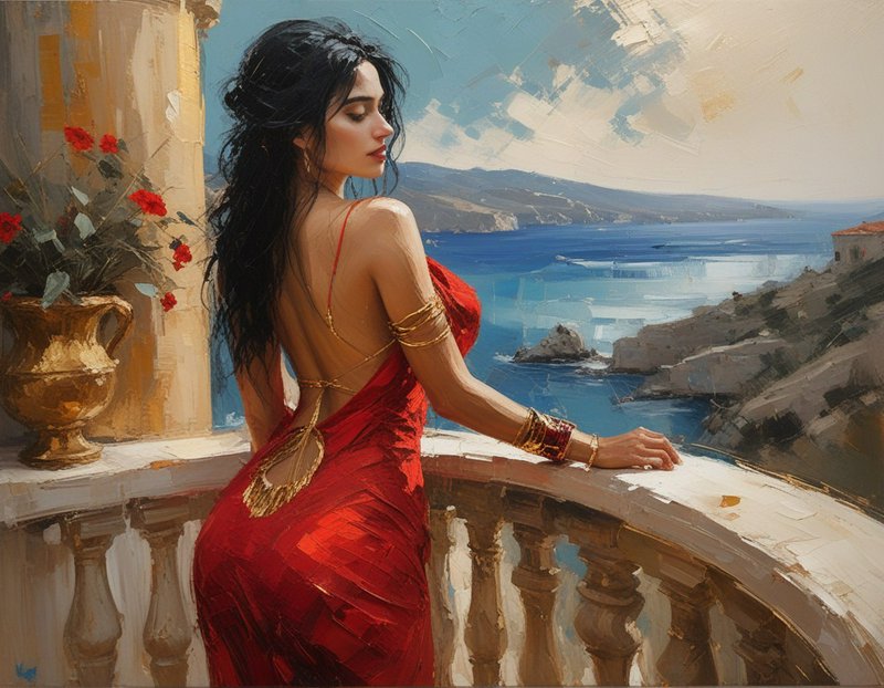 Elegant woman in a backless red gown leans on a stone balcony overlooking a sunlit Mediterranean sea