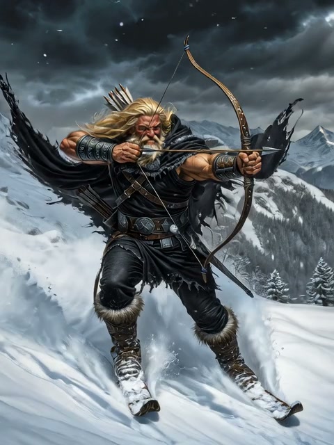 Muscular fantasy archer with blonde hair drawing a bow in snowy mountain terrain.