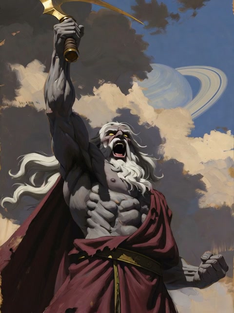 Epic fantasy painting of a muscular thunder god raising a hammer amid stormy clouds and Saturn-li...