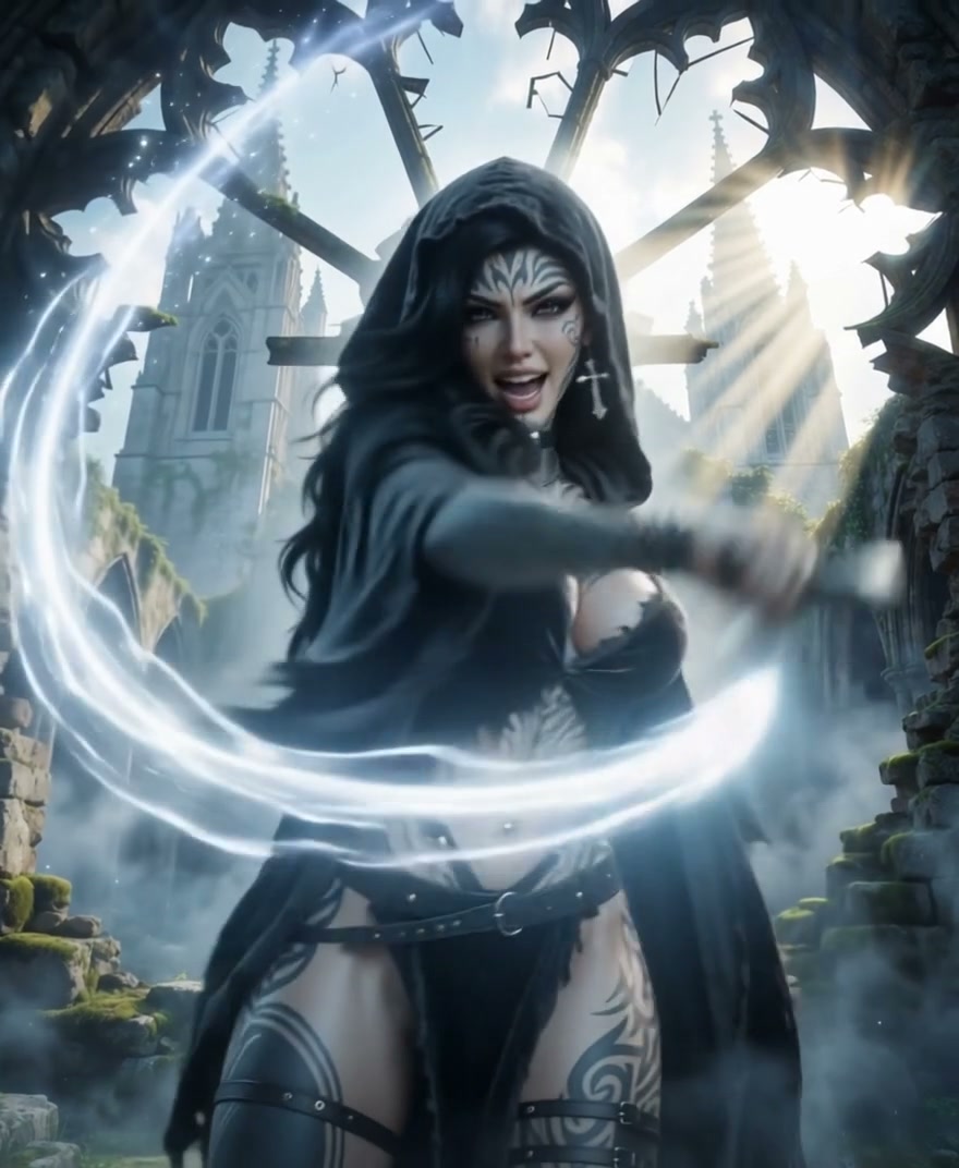 A dark-clad sorceress with face tattoos and hooded cape conjures a glowing circular energy ring i...