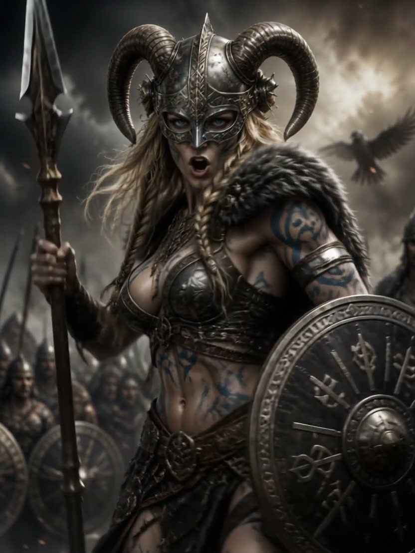 Horned-helmet fantasy warrior woman in armored gear with shield and spear in battle.