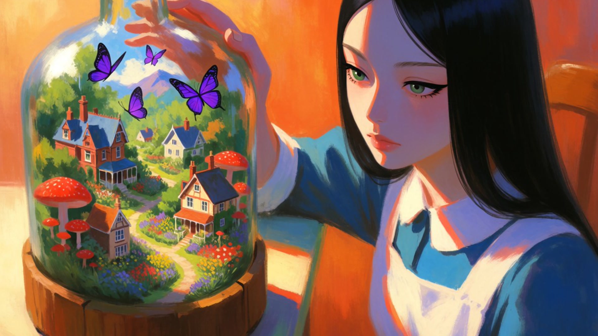 Young anime girl lifting a glass dome to reveal a tiny village as purple butterflies fly free