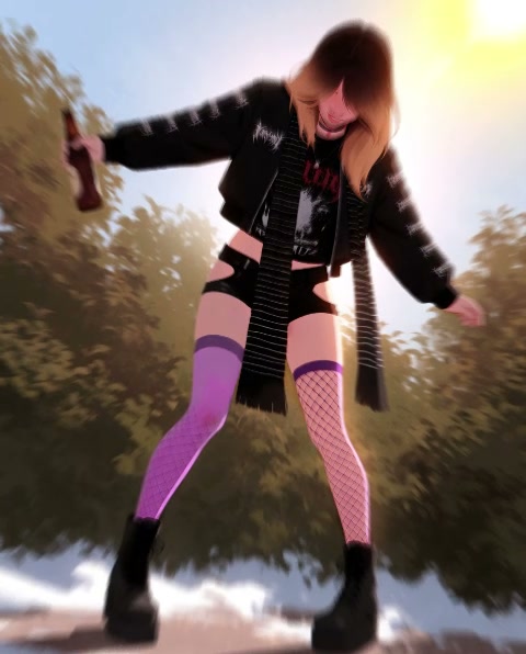 Alternative punk girl standing off-balance outdoors holding a beer bottle in bright golden sunlight