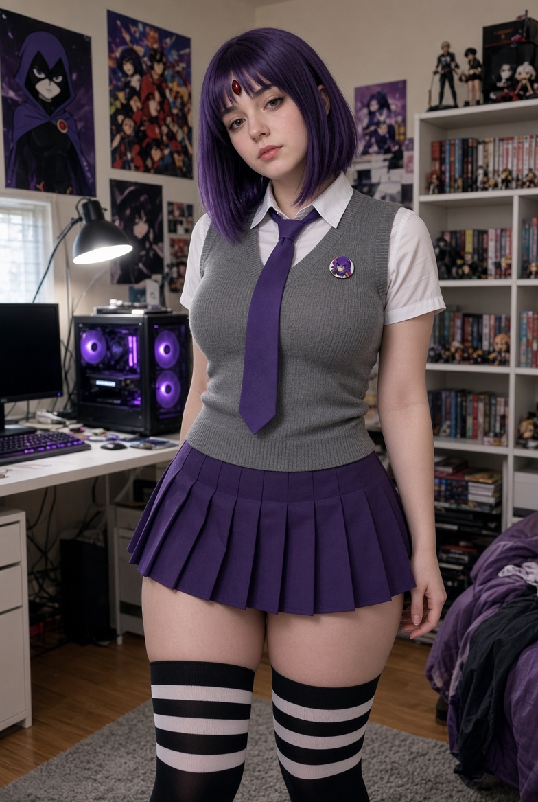 Raven from Teen Titans cosplayer in a school uniform stands in a fan-themed gaming bedroom