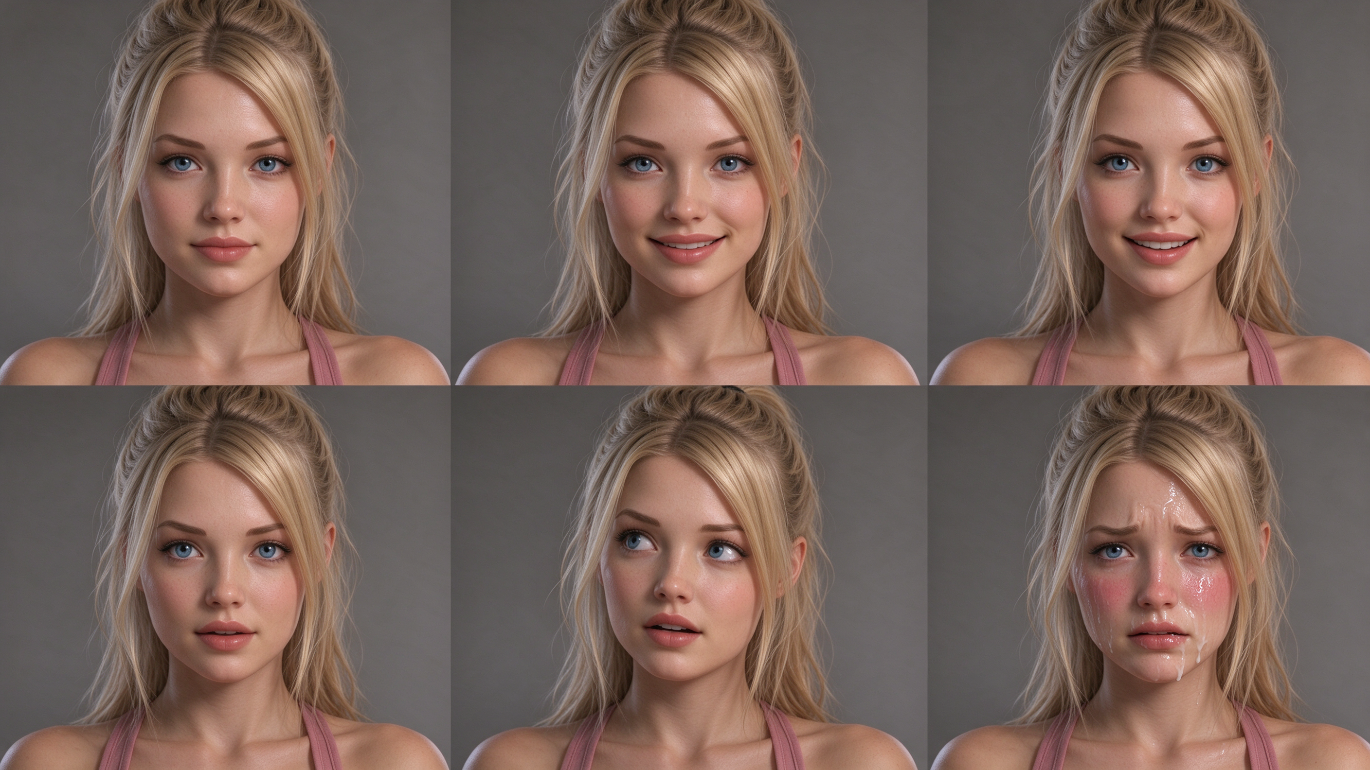 Six panel grid showing sequential facial expressions of a young blonde woman shifting from neutral to tearful crying