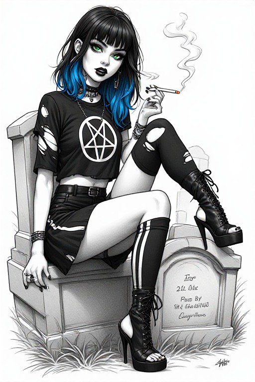 Goth girl with blue-tipped hair sits on a gravestone holding a lit cigarette, wearing a pentagram...