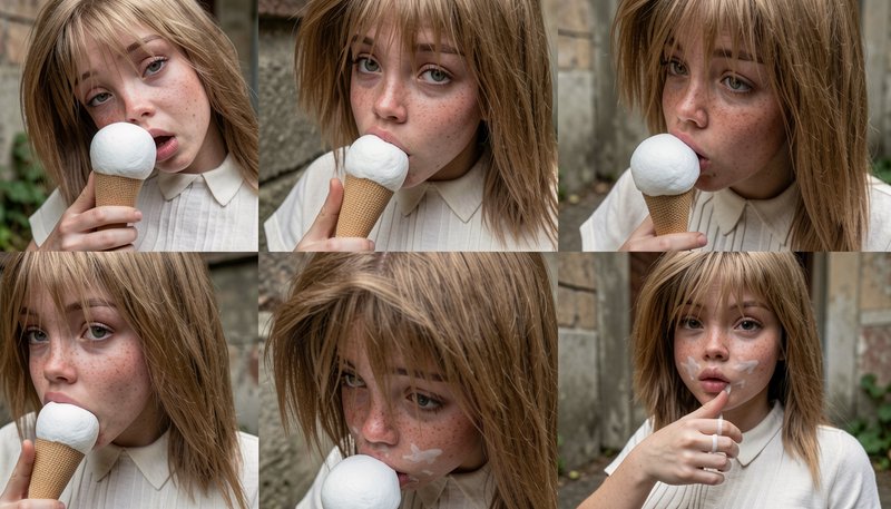 6-panel sequential collage of freckled blonde girl eating a vanilla waffle ice cream cone, ending...