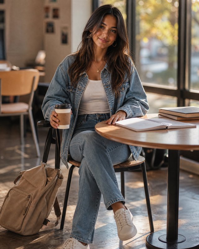 Smiling young woman in casual denim holds takeaway coffee, seated at a sunlit cafe table with an ...