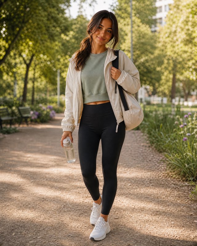 Smiling young woman in athletic wear holds a water bottle while standing on a sunlit tree-lined p...