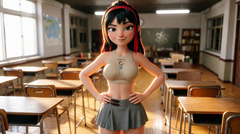 Stylized 3D animated teen girl with black and red streaked hair stands hands on hips in a sunlit ...