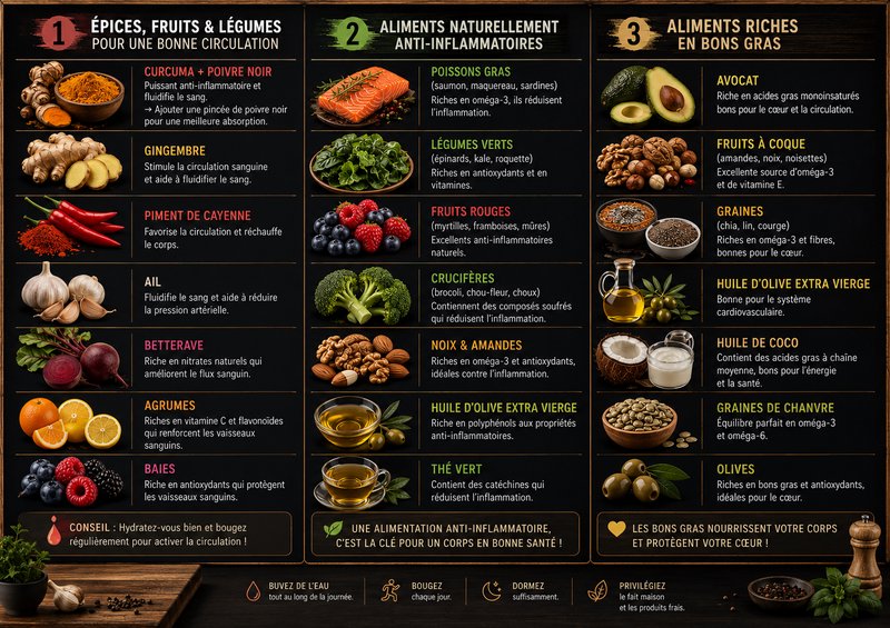 French nutrition infographic listing circulation-boosting, anti-inflammatory, and heart-healthy w...