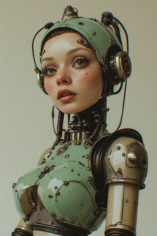Close-up portrait of a retro-futuristic feminine steampunk android with mint metal armor and wire...