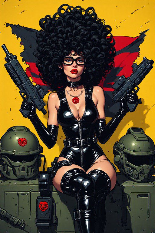 Comic illustration of a woman with a voluminous curly afro, glasses, black latex outfit, holding ...
