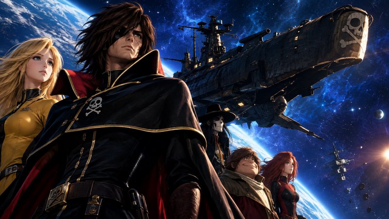 Captain Harlock and his space pirate crew stand heroically before their skull-marked starship in ...