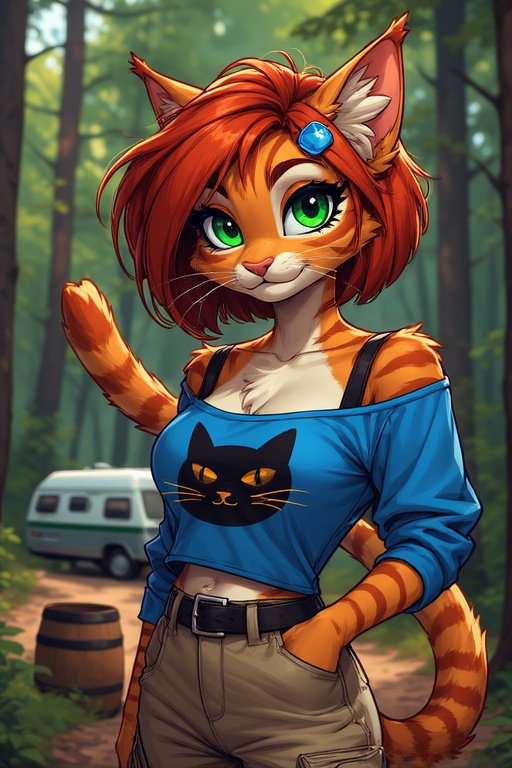 Anthropomorphic orange tabby cat girl waves cheerfully from a sunlit forest camping trail