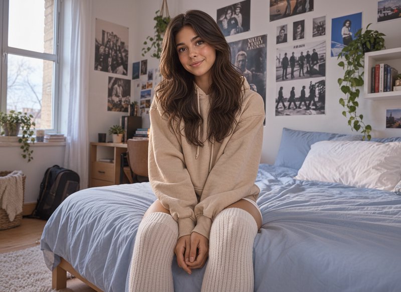 Young woman in a beige hoodie sits smiling on the edge of a bed in a sunlit cozy bedroom