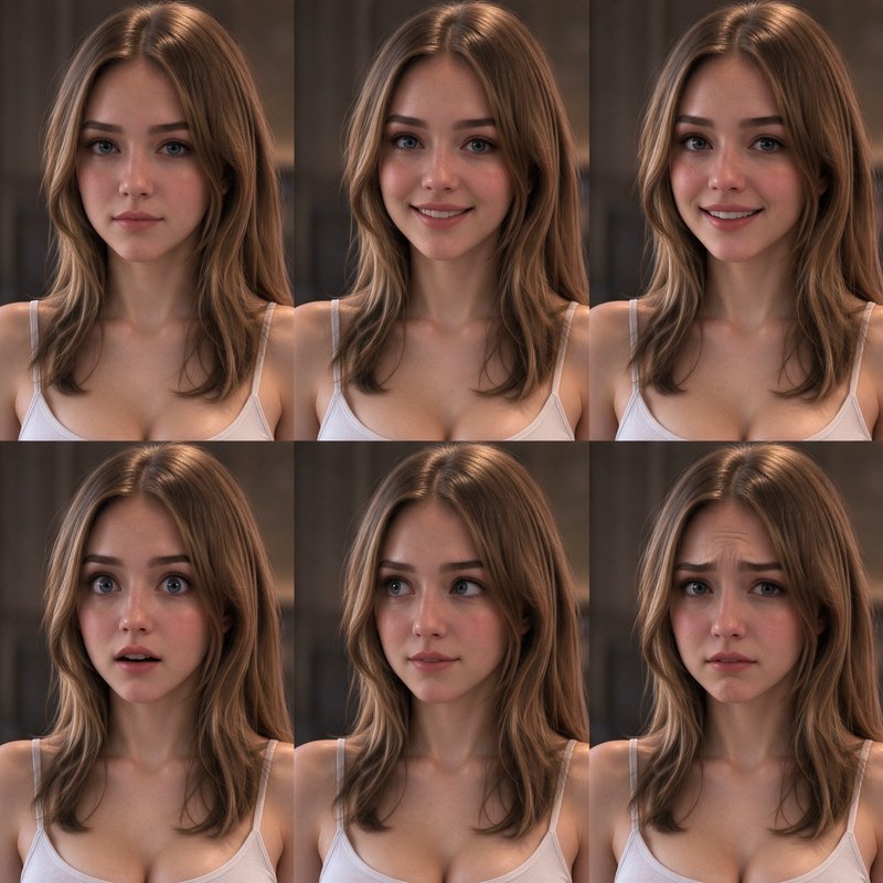 Six panel reference grid showing the same young woman displaying a range of different facial expr...