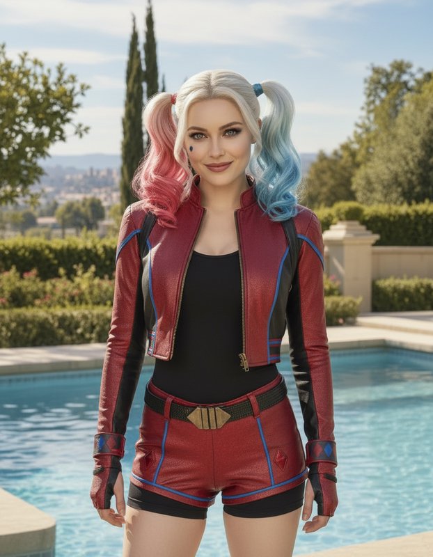 Harley Quinn cosplayer with split pink and blue pigtails standing beside a sunny backyard swimmin...