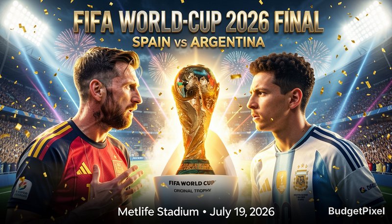Promotional graphic for 2026 FIFA World Cup Final, Spain vs Argentina, with flanking team captain...
