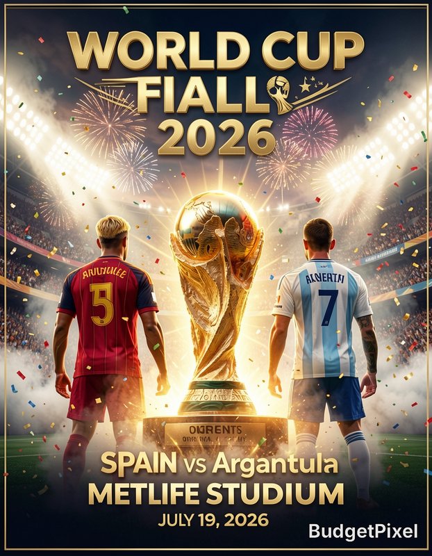AI-generated 2026 World Cup Final poster, showing two soccer players facing a glowing trophy in a...