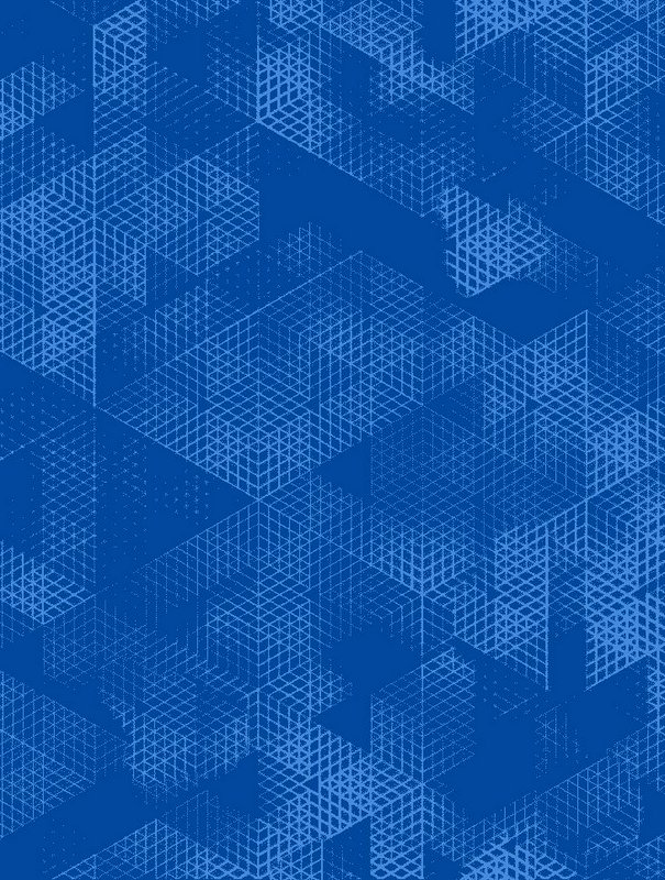 Abstract isometric wireframe cubic grid pattern in varying shades of blue, geometric technical ba...