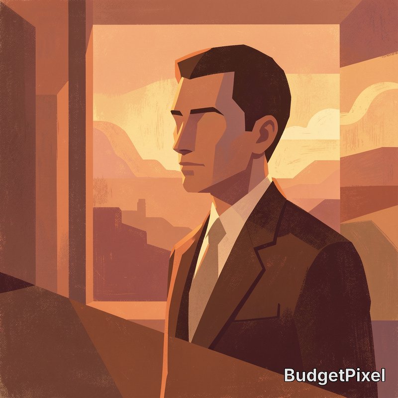 Stylized geometric retro illustration of a pensive suited businessman looking out a window at a w...