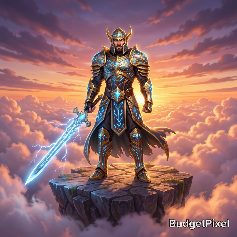 Armored fantasy paladin holds glowing lightning sword, standing on floating cliff above fluffy su...