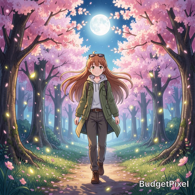 Anime girl walks down a moonlit cherry blossom forest path surrounded by glowing fireflies and fa...