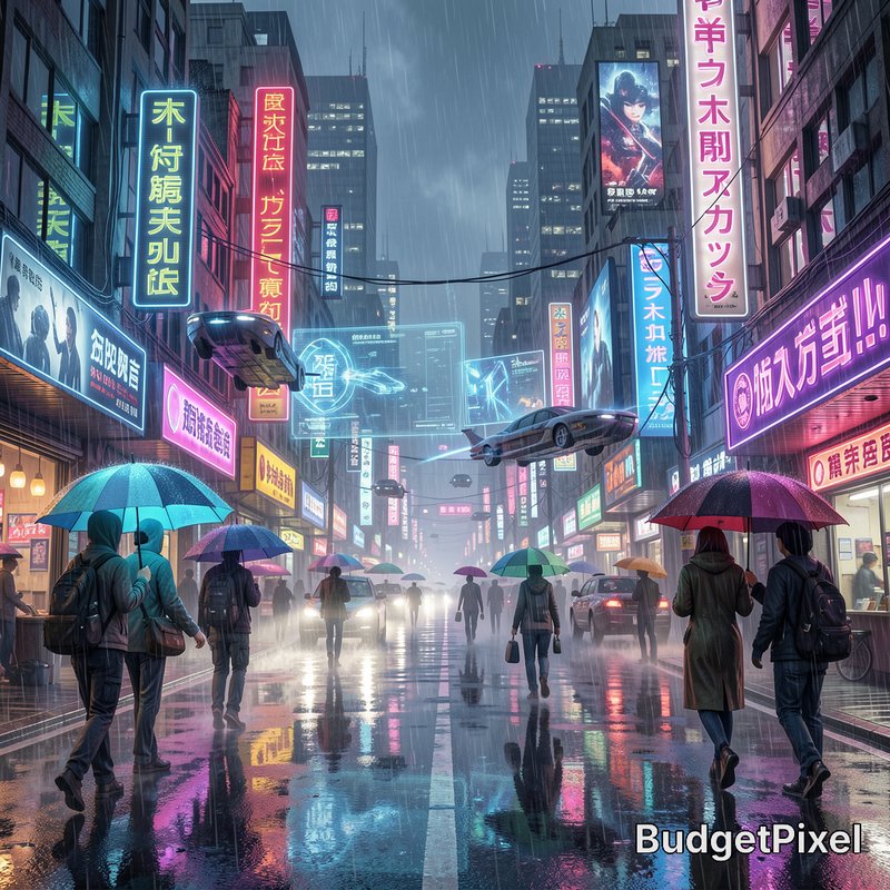 Rainy cyberpunk city street with glowing neon signs, flying hover cars, pedestrians with umbrella...