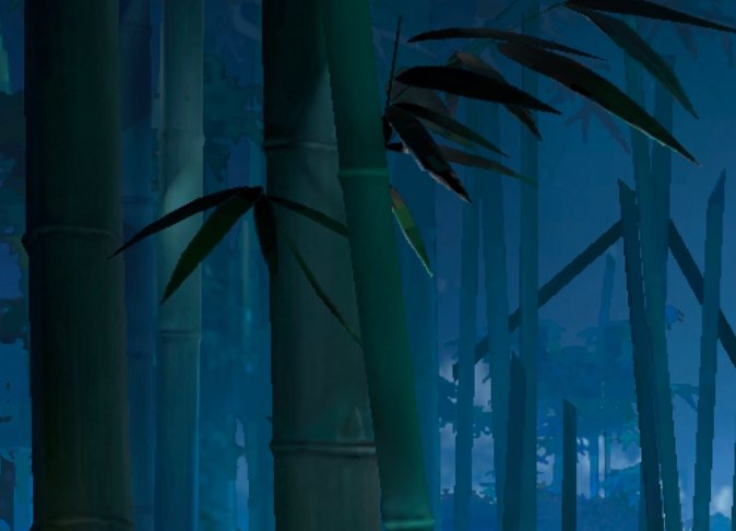 Stylized low-poly 3D render of a misty night bamboo forest, with tall teal stalks against a deep ...