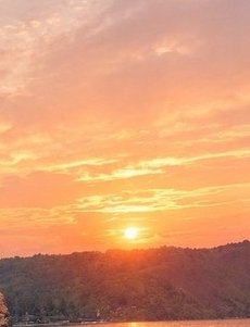Bright glowing sunset hovers above a tree-covered hilltop, under a sky streaked with soft orange, peach and pink clouds.
