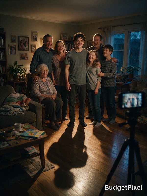 Smiling multi-generational family poses for a camera on a tripod in a cozy dim evening residentia...