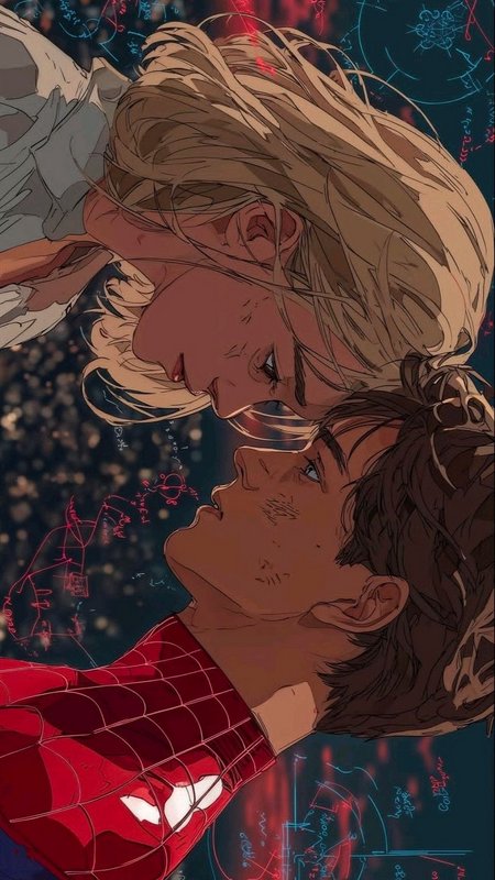 Anime fan art of Spider-Man Peter Parker and Gwen Stacy floating face-to-face in a tender intimat...