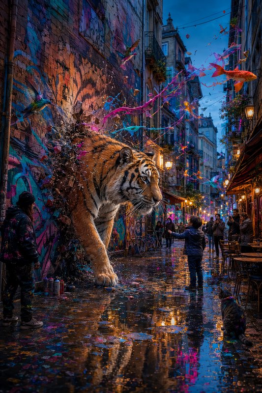 Surreal scene of a large Bengal tiger emerging from a graffiti wall onto a wet twilight city stre...