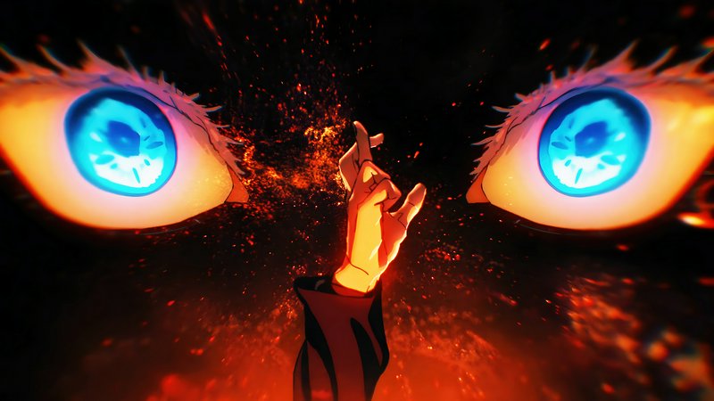 Dramatic anime shot of Satoru Gojo's glowing Six Eyes framing a raised jujutsu hand against a fie...