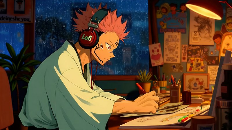 Jujutsu Kaisen's Sukuna/Yuji Itadori wears lofi headphones, drawing at a cozy desk on a rainy night.