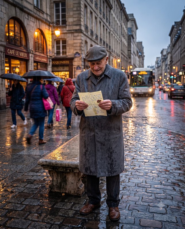 Elderly man in a flat cap reads a handwritten letter while standing on a rainy cobblestone Paris ...