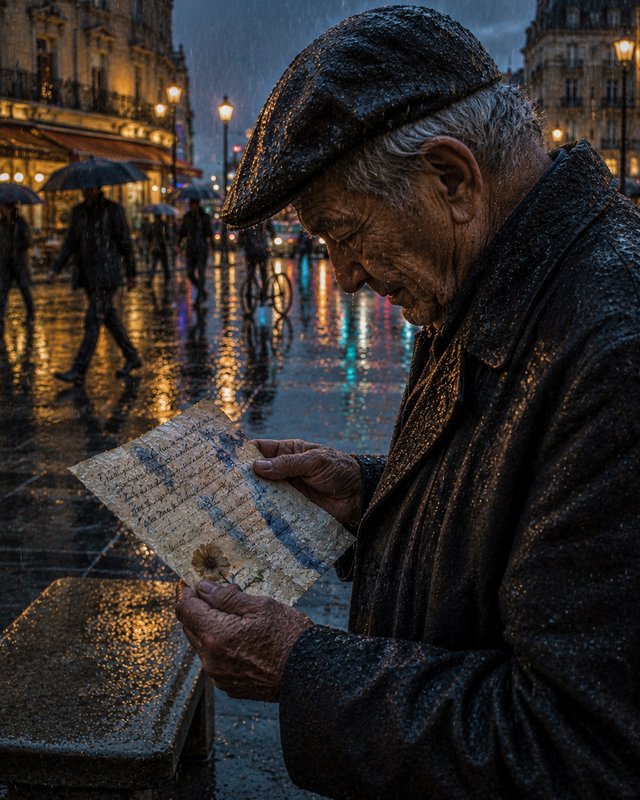 Elderly man in a wet cap reads an old handwritten letter on a rainy Parisian plaza at dusk.