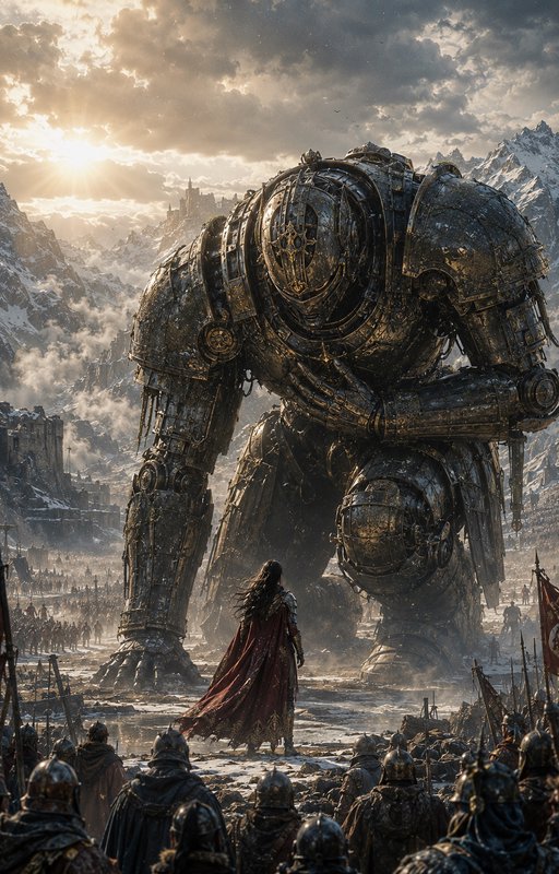 Colossal weathered iron golem looms over an armored queen leading an army on a snowy mountain bat...