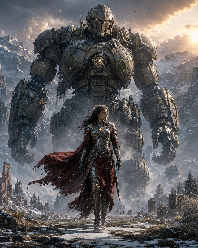 Armored female warrior walks forward, giant ancient iron mech colossus looms behind her in snowy ...