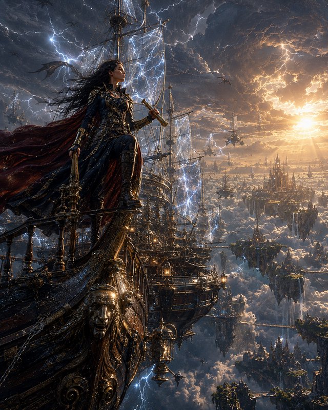 Powerful female sky pirate captain stands on ornate airship bow above floating cloud kingdoms ami...