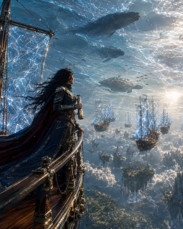 Fantasy female captain on airship bow gazes at enchanted fleet, giant swimming whales and turtle ...