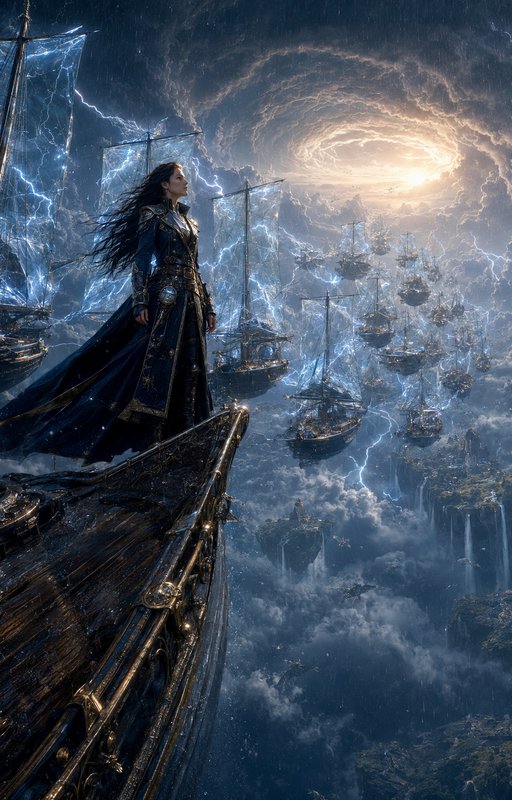 Regal female sky fleet captain stands on her ship's bow, overlooking an armada of flying ships ab...